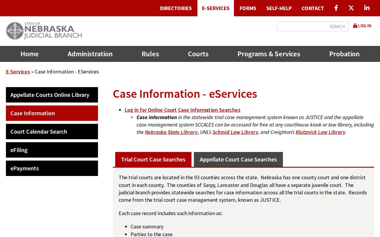 Valley County criminal court case access through Nebraska JUSTICE eServices